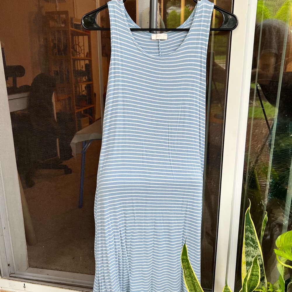 Light blue and white striped below the knee dress, size small.
